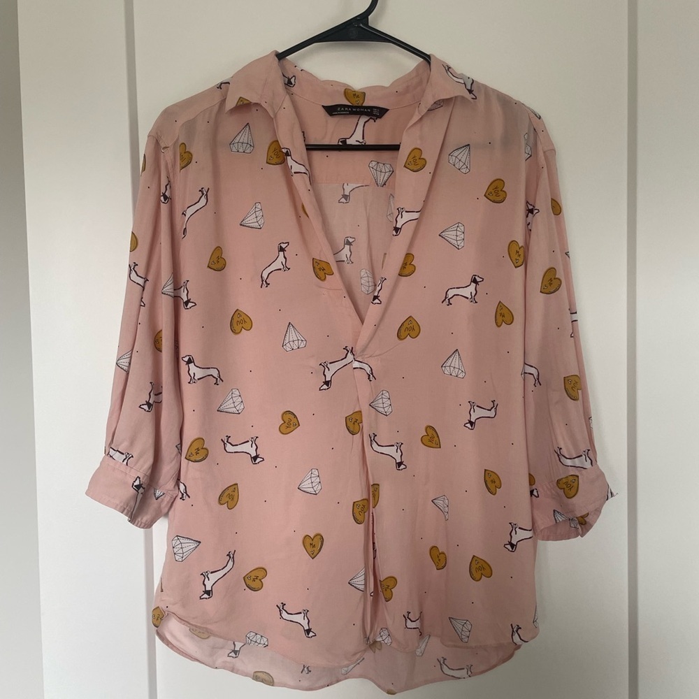 Zara Woman Pink Blouse with Dog, Heart & Diamond Print – Size M